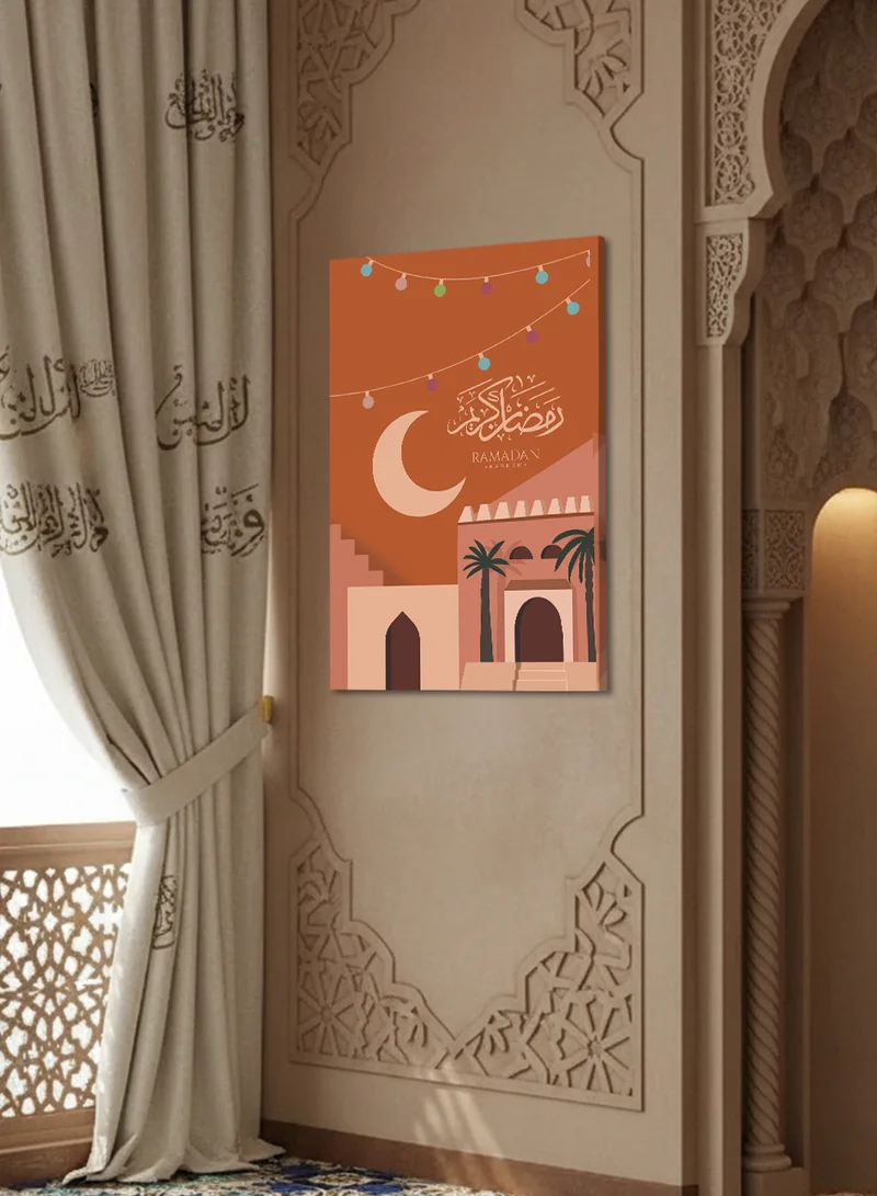 LOWHA Canvas Wall Art Stretched Over Wooden Frame with Crescent Ramadan Kareem Design